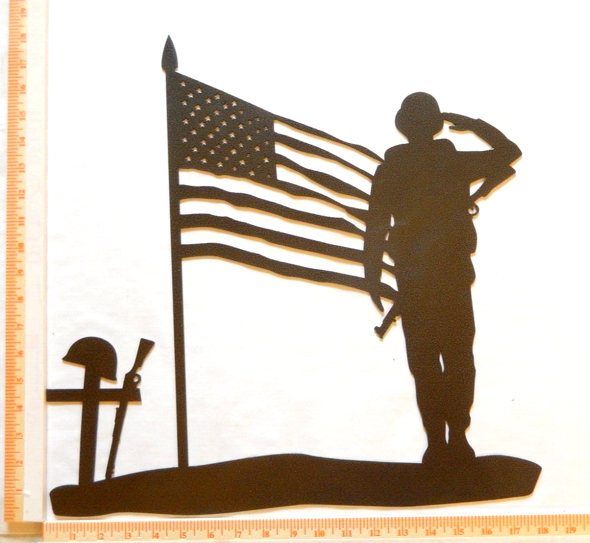 ~NEW~ LARGE - 14ga. "SOLDIER SALUTING AMERICAN FLAG" Metal Wall Art 18" x 18"