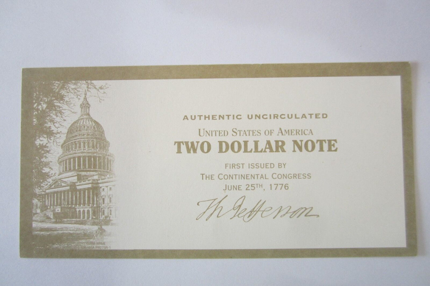 22 K GOLD LEAF- 2 DOLLAR BILL- COLLECTOR LEGAL NOTE- D06258336A