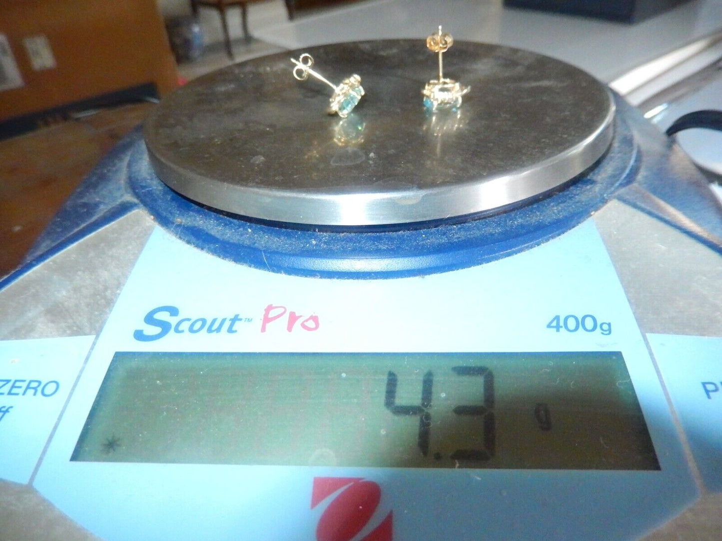 *VINTAGE* 14k Yellow Gold 4.0 CT Oval Shaped Blue Topaz & Diamond Earrings