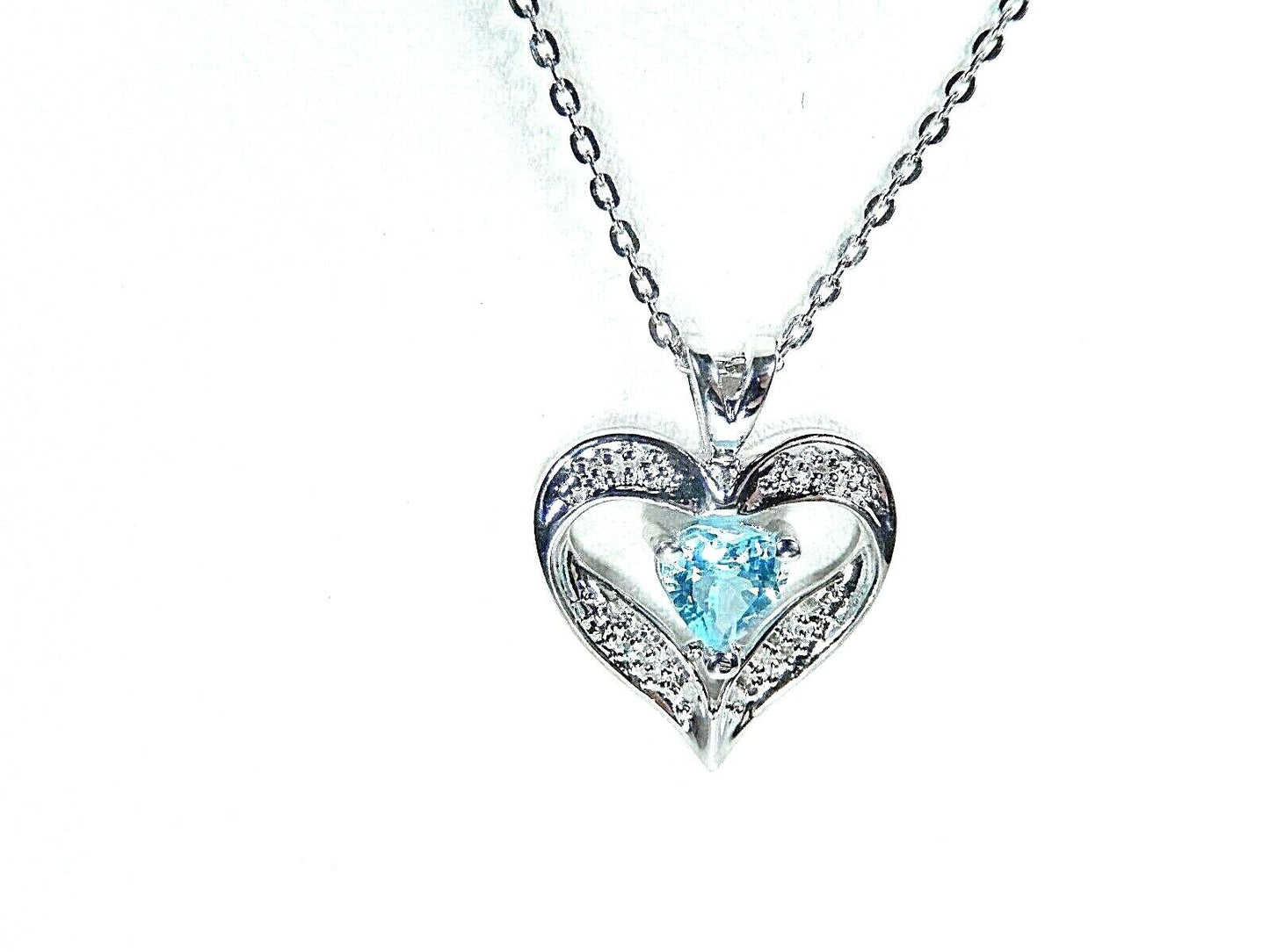 *NEW* 10K White Gold Blue Topaz & Diamond Accent Heart Pendant w/ 18" Chain