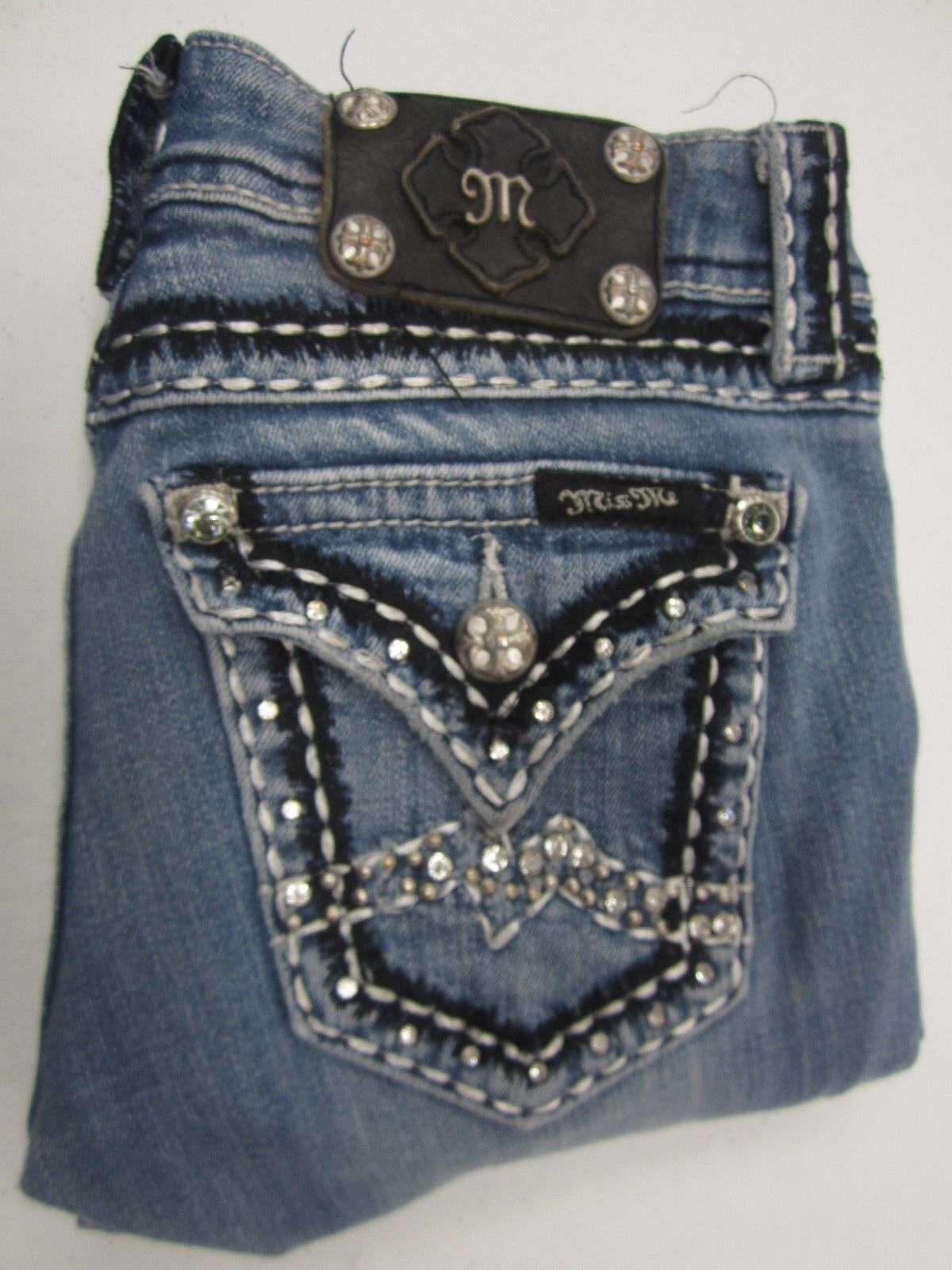 Miss Me Skinny Blue Jeans JE1052SR Embroidered Bejewelled Thick Stitch Sz 25x31