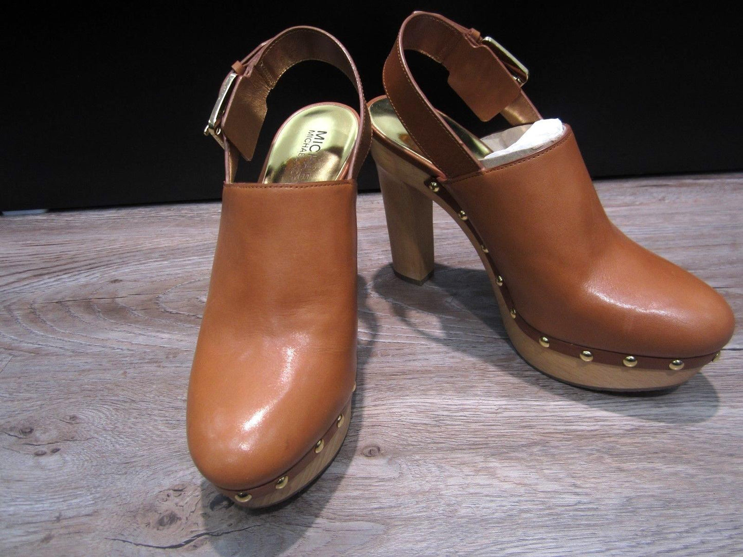 NEW Michael Kors Women's Strap Tan & Gold Studded Leather Wood Heels Size 8M