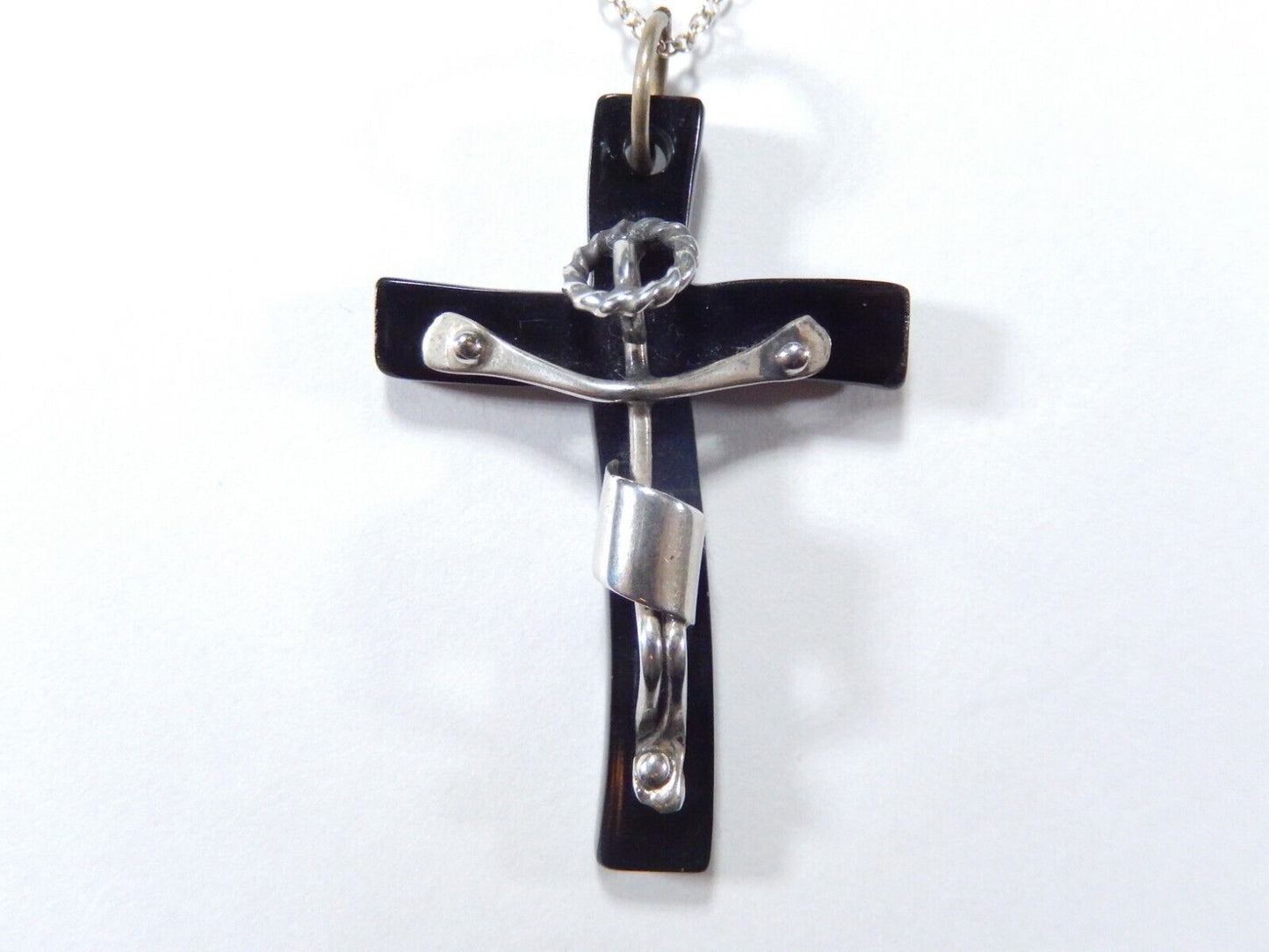 Black Onyx And Sterling Silver Cross Pendant with 18" Sterling Chain