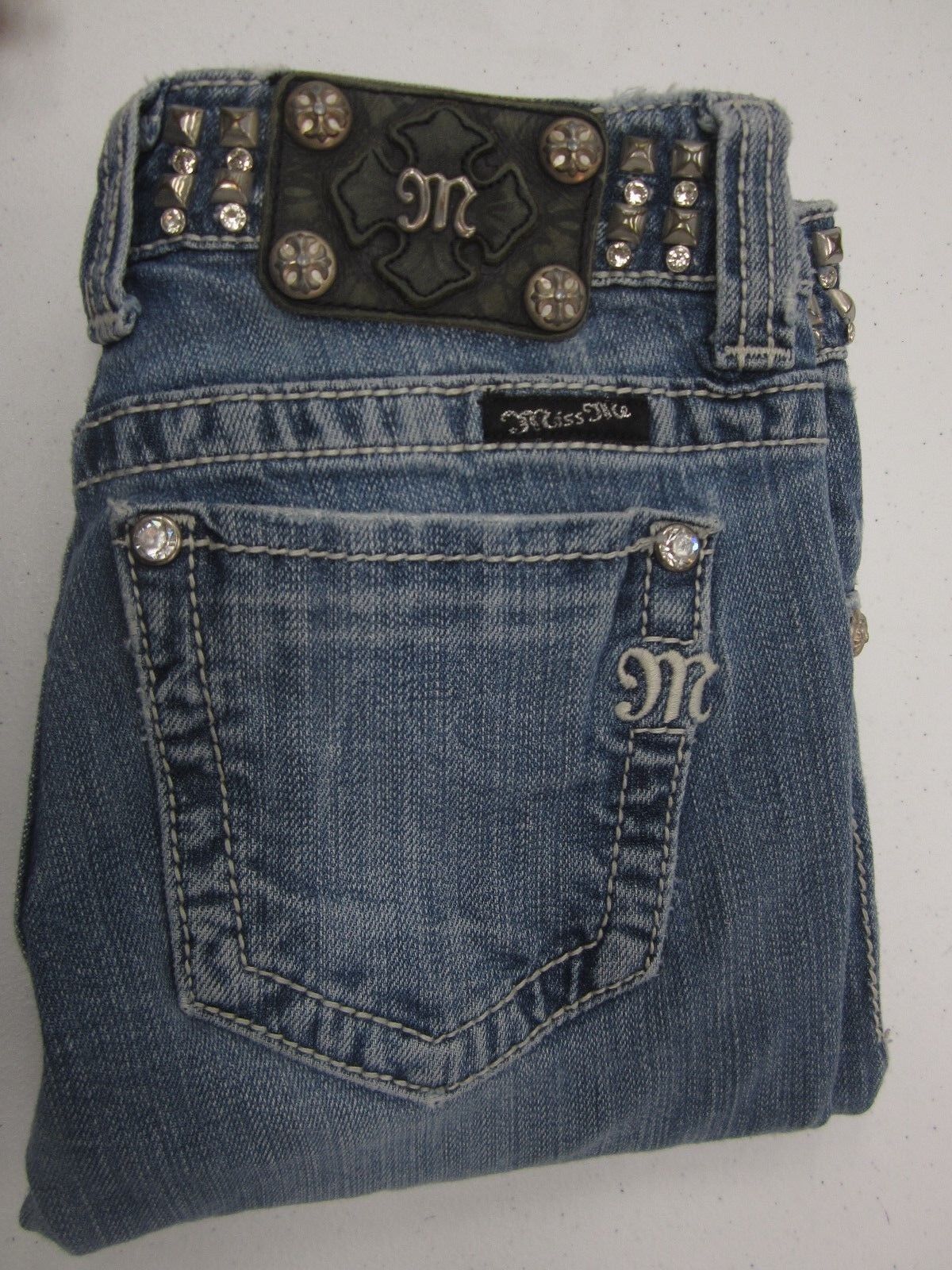 NICE Miss Me jeans JP5130STR Straight Leg Studded Waistband Med Wash Sz 25 x 31