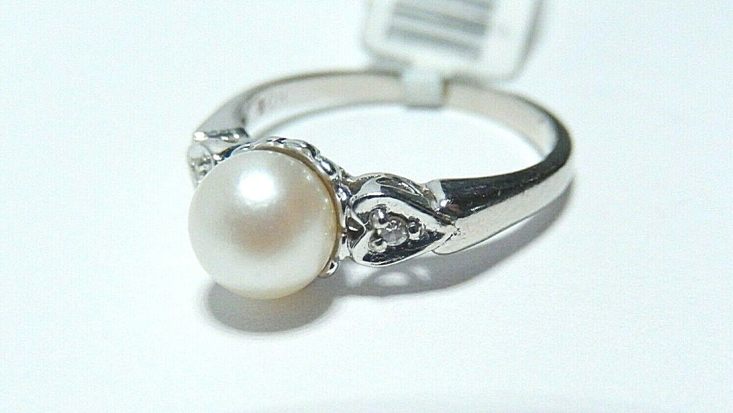 *VINTAGE* 10k White Gold 6.5mm Real Pearl & Diamond Ring Size 6.75