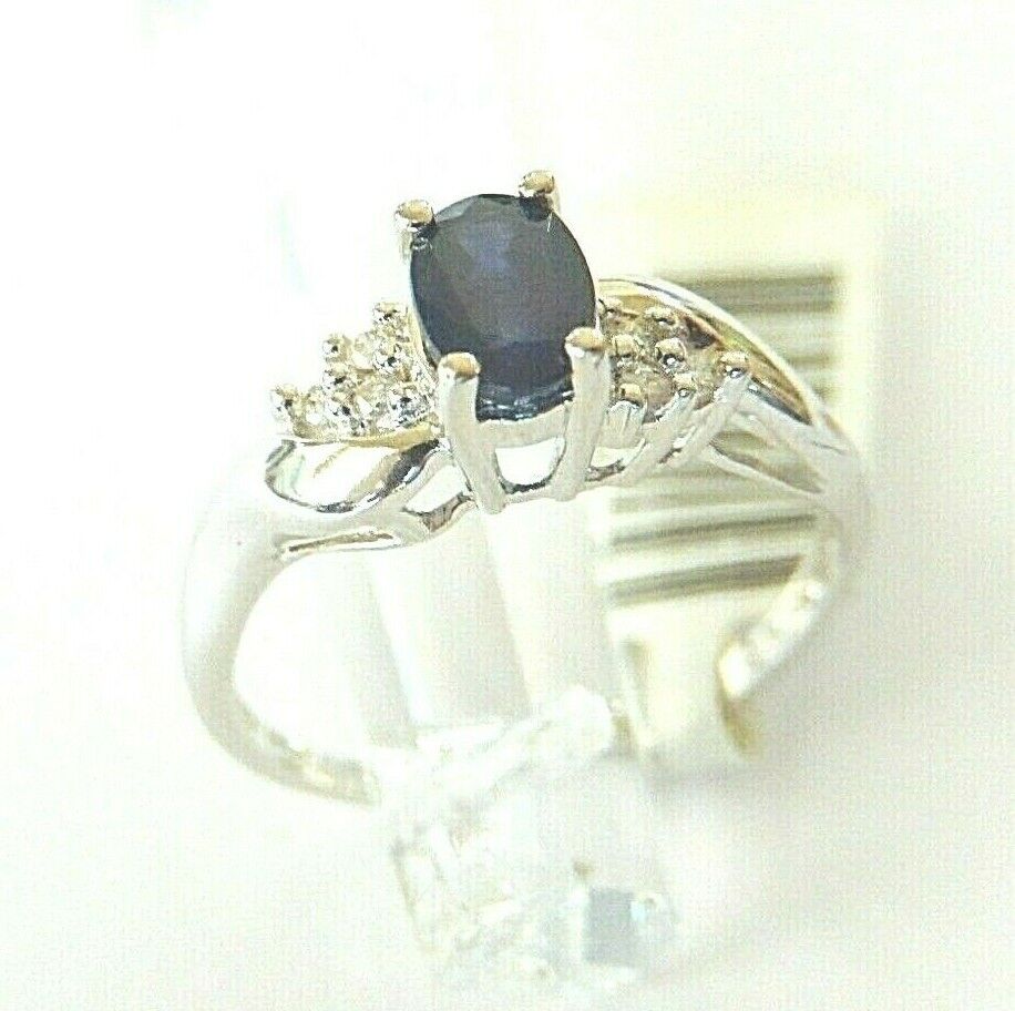 *NWT* 10K White Gold Oval Natural Blue Sapphire & Diamond Ring Size 7.25