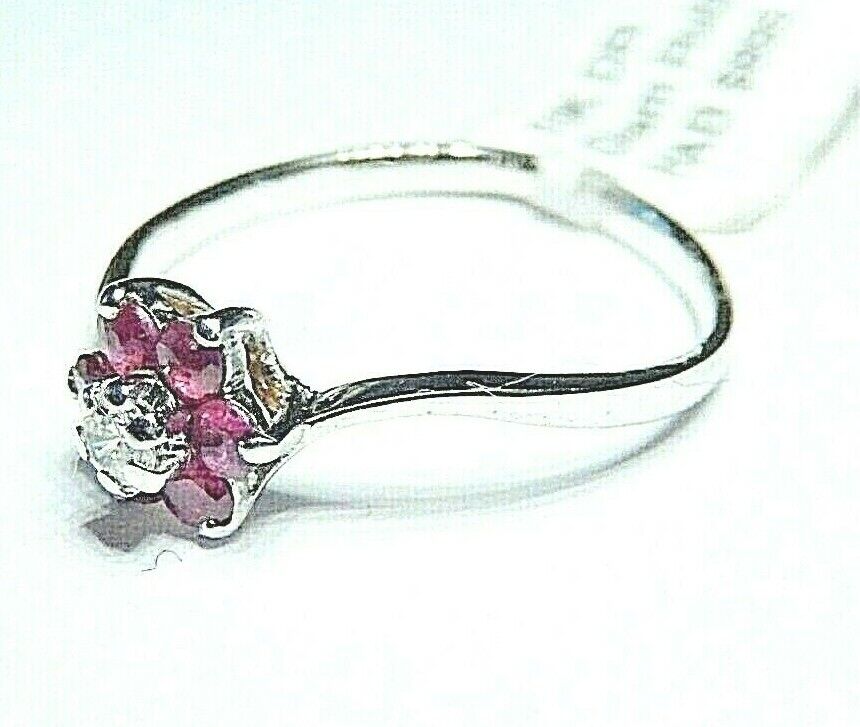*NWT* 10k White Gold Seven Stone Ruby and Diamond Halo Ring Size 6.75