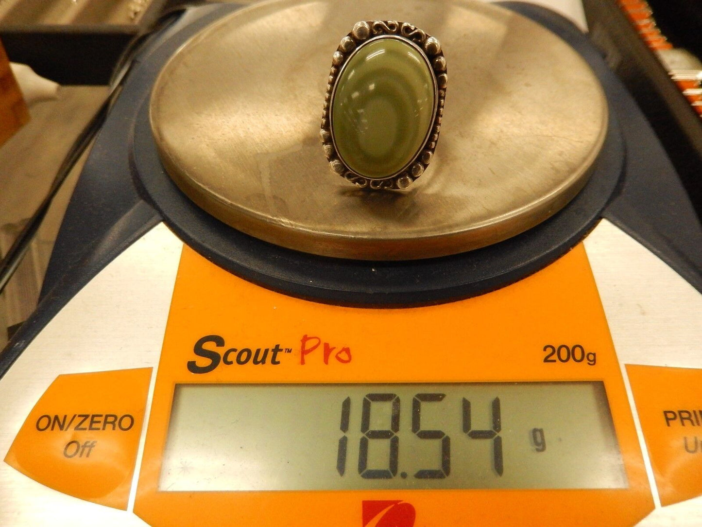 Exquisite Vintage Large Green Aggate Mens Ring Sterling 18.54 gr Size 12.5