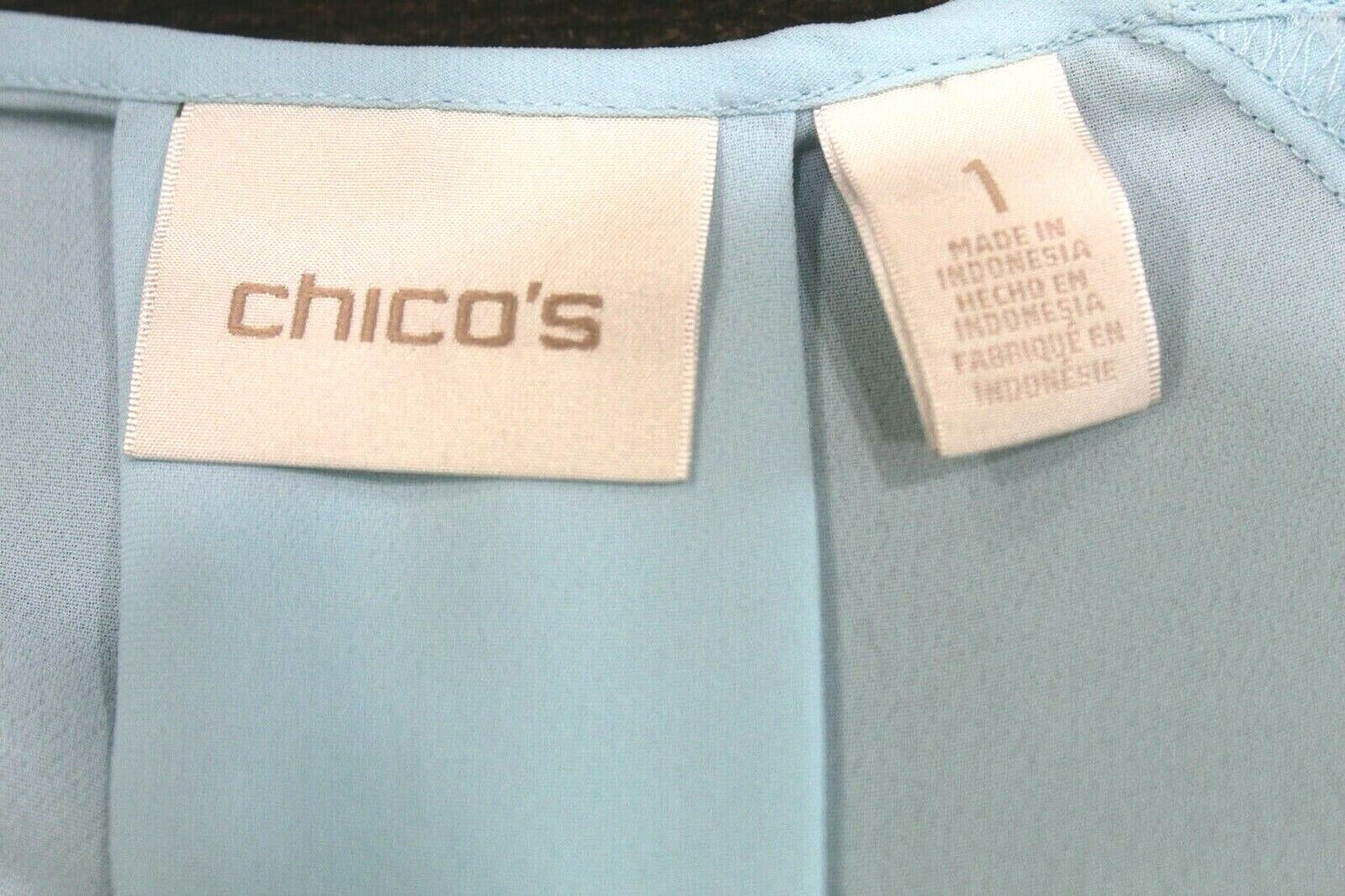 CHICO’S Blue Lace Front Short Sleeve Blouse With Fringe Lace Hem SIZE 1 - CUTE