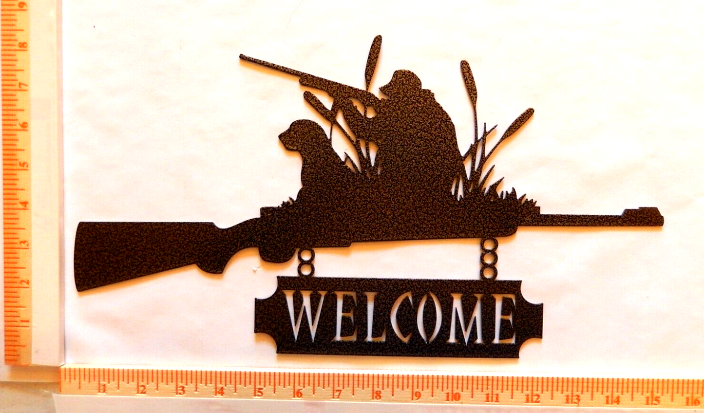 ~NEW~ 14ga. - "WELCOME DUCK HUNTER & DOG" Gunmetal Gray Metal Wall Art 15"x7.5"