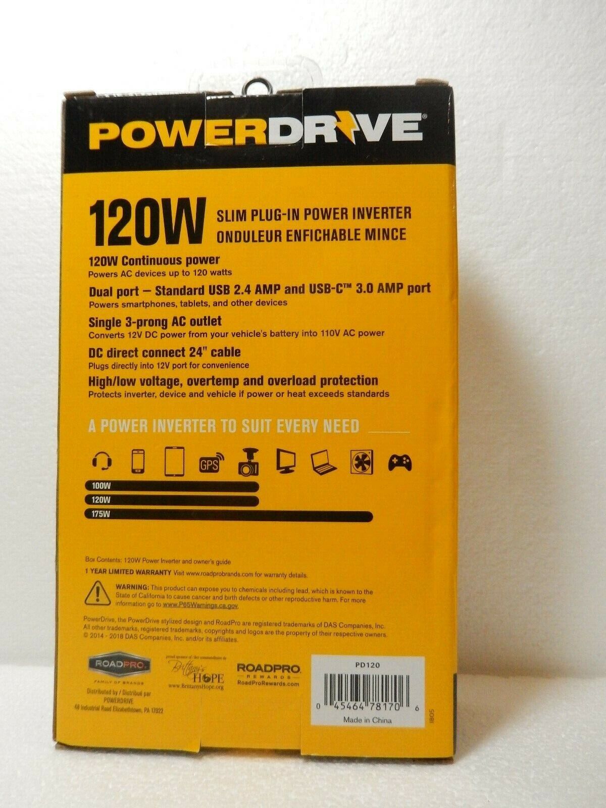 PowerDrive 120 Watt Slim Plug-In Inverter with 1 AC and 2 USB Ports PD120