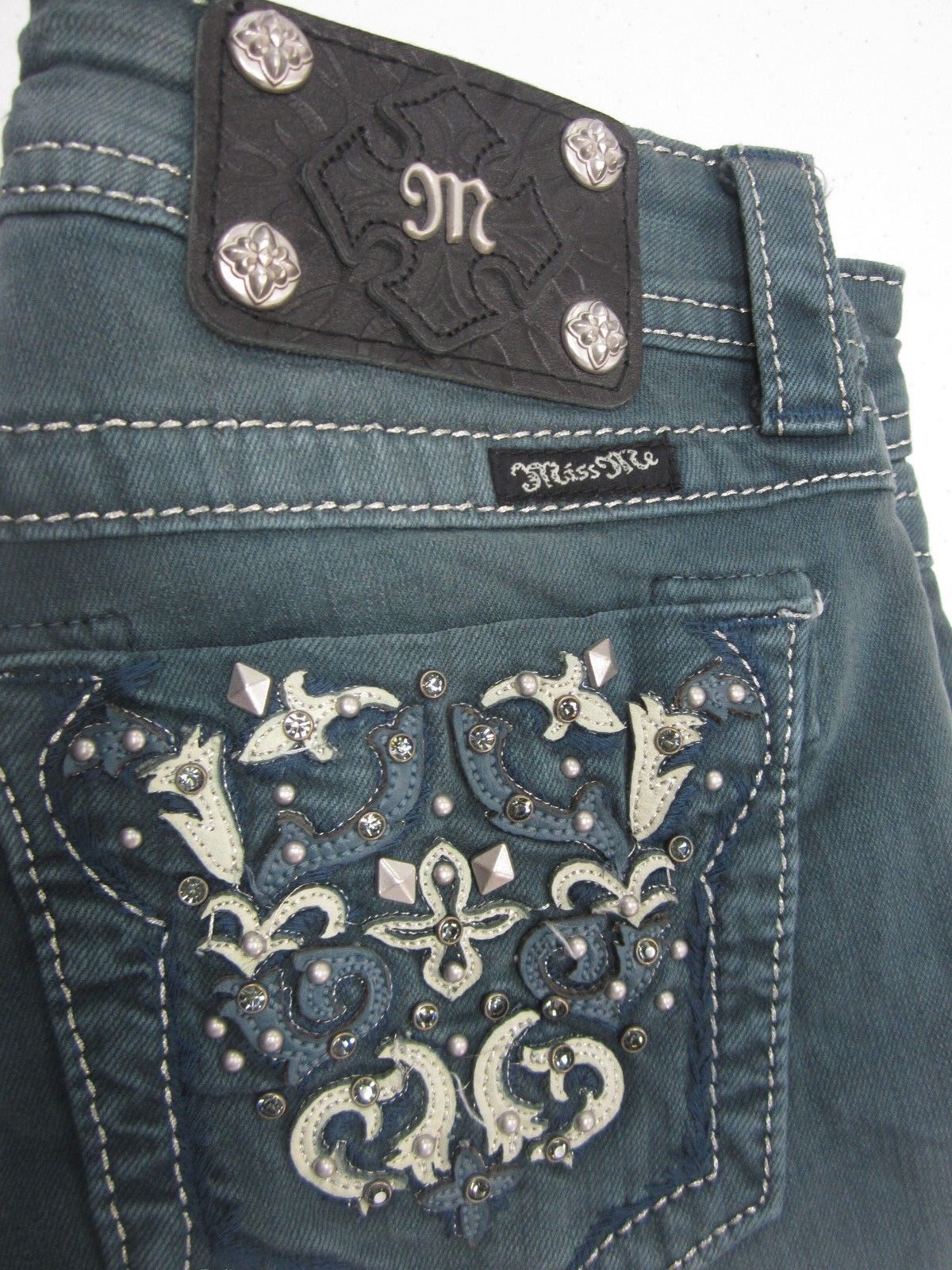 NWOT MISS ME WOMEN'S TP5395S1 CRYSTAL POCKETS TEAL SLIM SKINNY JEANS SIZE 26x30