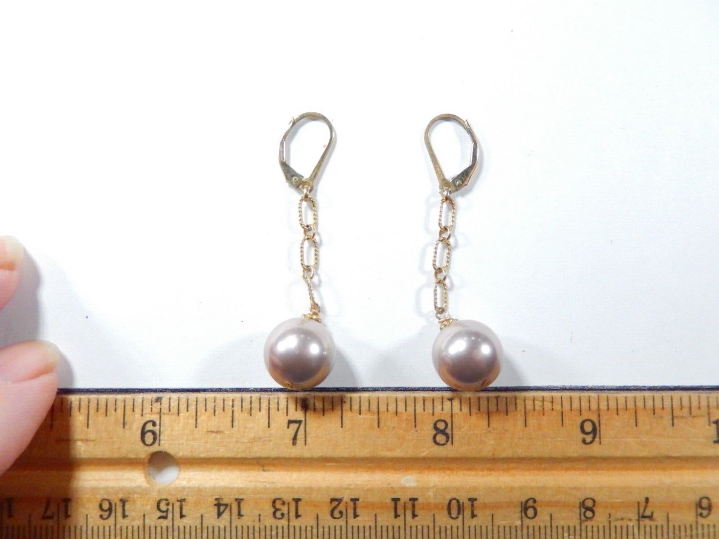 14/20th Kt Gold Filled Faux 12mm Pearl Earrings Lever Back Dangles
