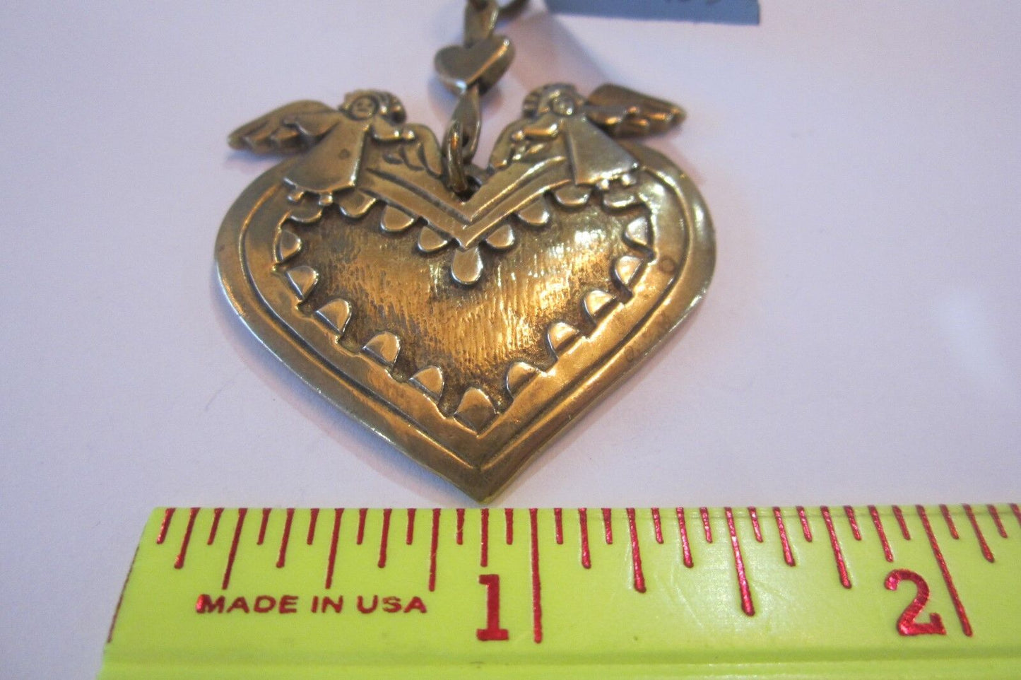 RARE RETIRED SIGNED JEC JEEP COLLINS BRASS TWO ANGELS & 2 HEARTS PENDANT-MINT