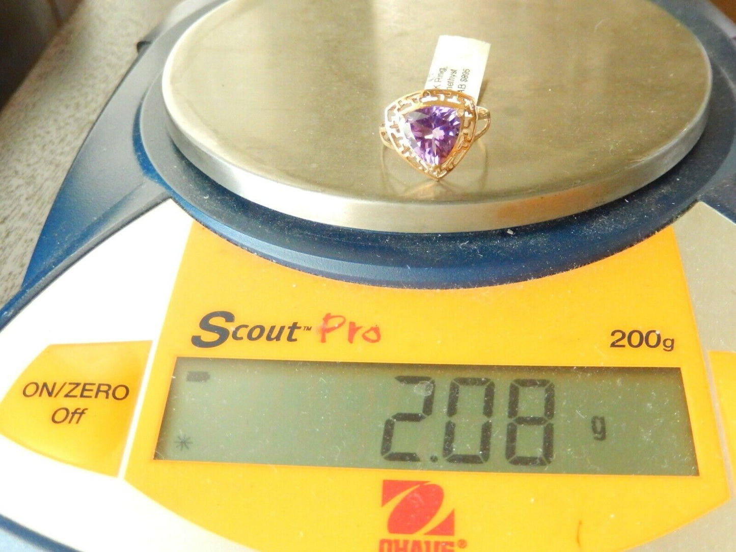 *VINTAGE* 10K YELLOW GOLD 2CT TRILLION AMETHYST RING ASYMMETRICAL SETTING Sz 8.5