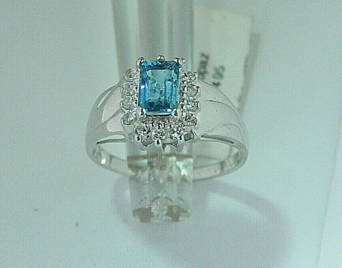 14K WHITE GOLD EMERALD CUT BLUE TOPAZ & DIAMOND HALO RING Sz 7.5