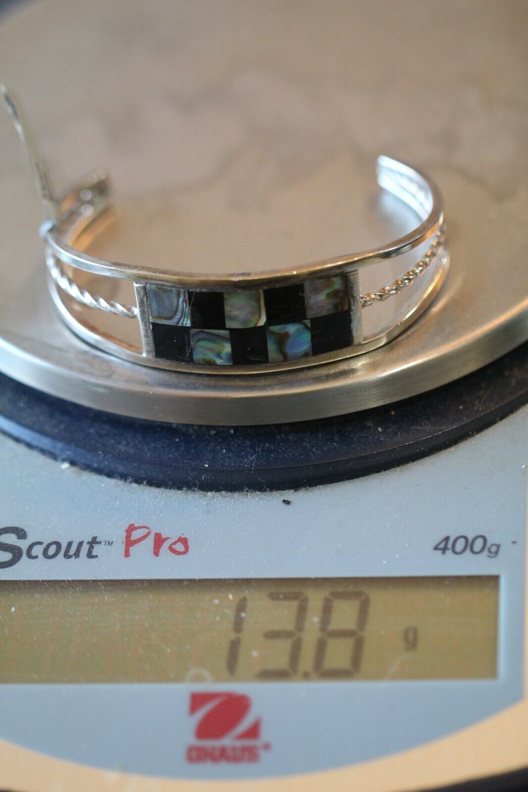 *VINTAGE* MEXICO STERLING SILVER BLACK ONYX & ABALONE CUFF BRACELET