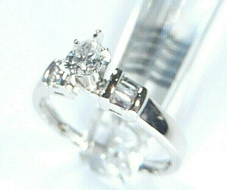 *NWT* 14K White Gold 1.00CT Pear & Baguette Natural Diamond Wedding Ring Sz 7.5