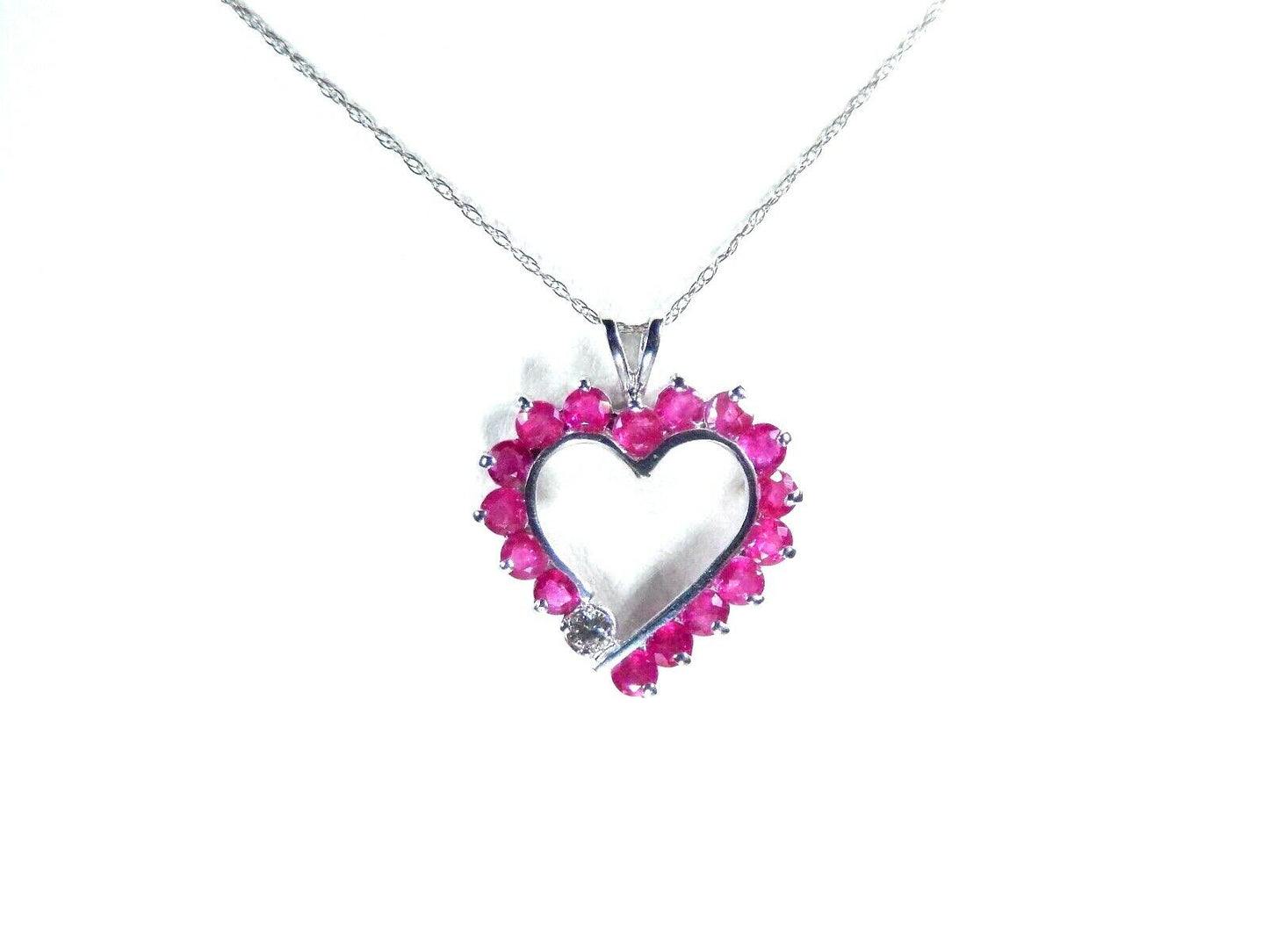 10K WHITE GOLD 1.5 CTW ROUND NATURAL RUBIES & DIAMOND HEART PENDANT w/18" Chain