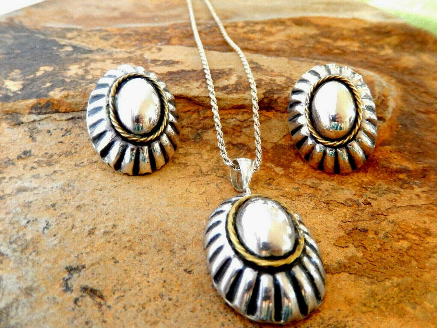 *VINTAGE* Sterling Silver Modernist Pendant & Earring Set Mexico 925 Signed