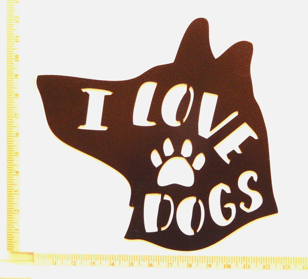 "I LOVE DOGS" 14 gauge thick Powder Coated Copper Tone Metal Wall - Art 12"x12