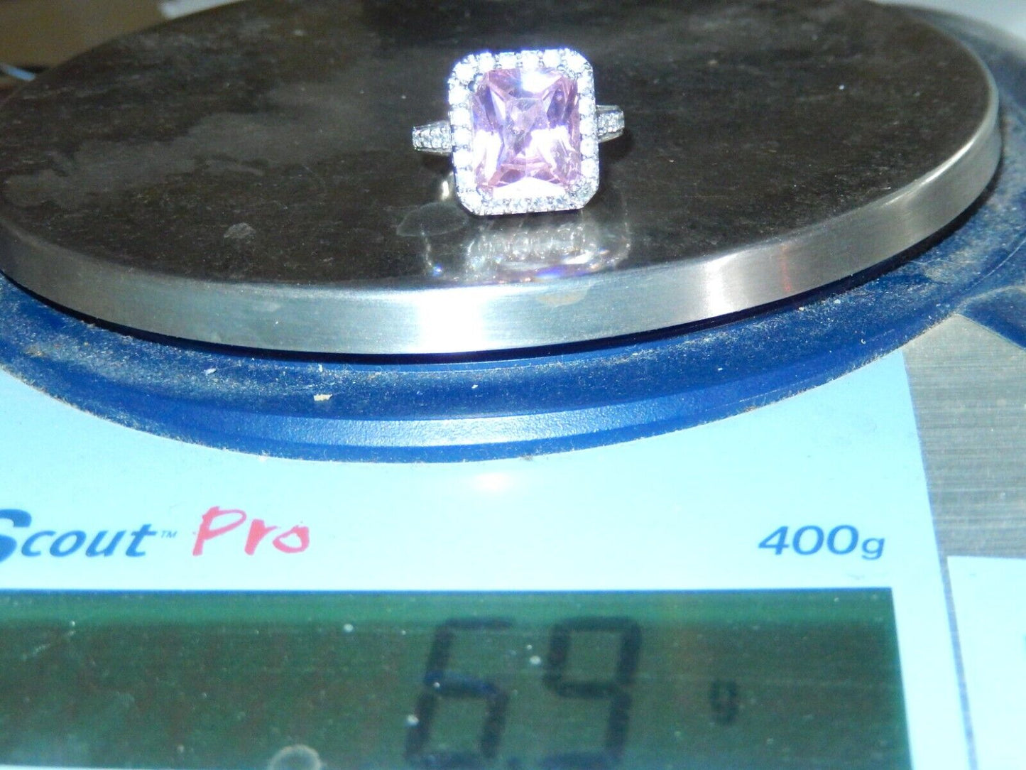 *VINTAGE* Sterling CZ Pink & White 5.0CT Emerald Cut Cocktail Ring Sz 7