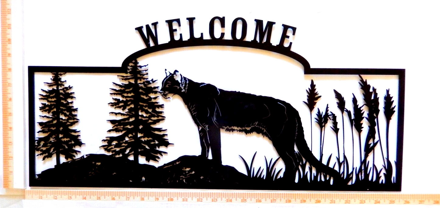 ~NEW~ LARGE 14ga. " COUGAR MOUNTAIN LION WELCOME" Black Metal Wall Art 25.5"x12"