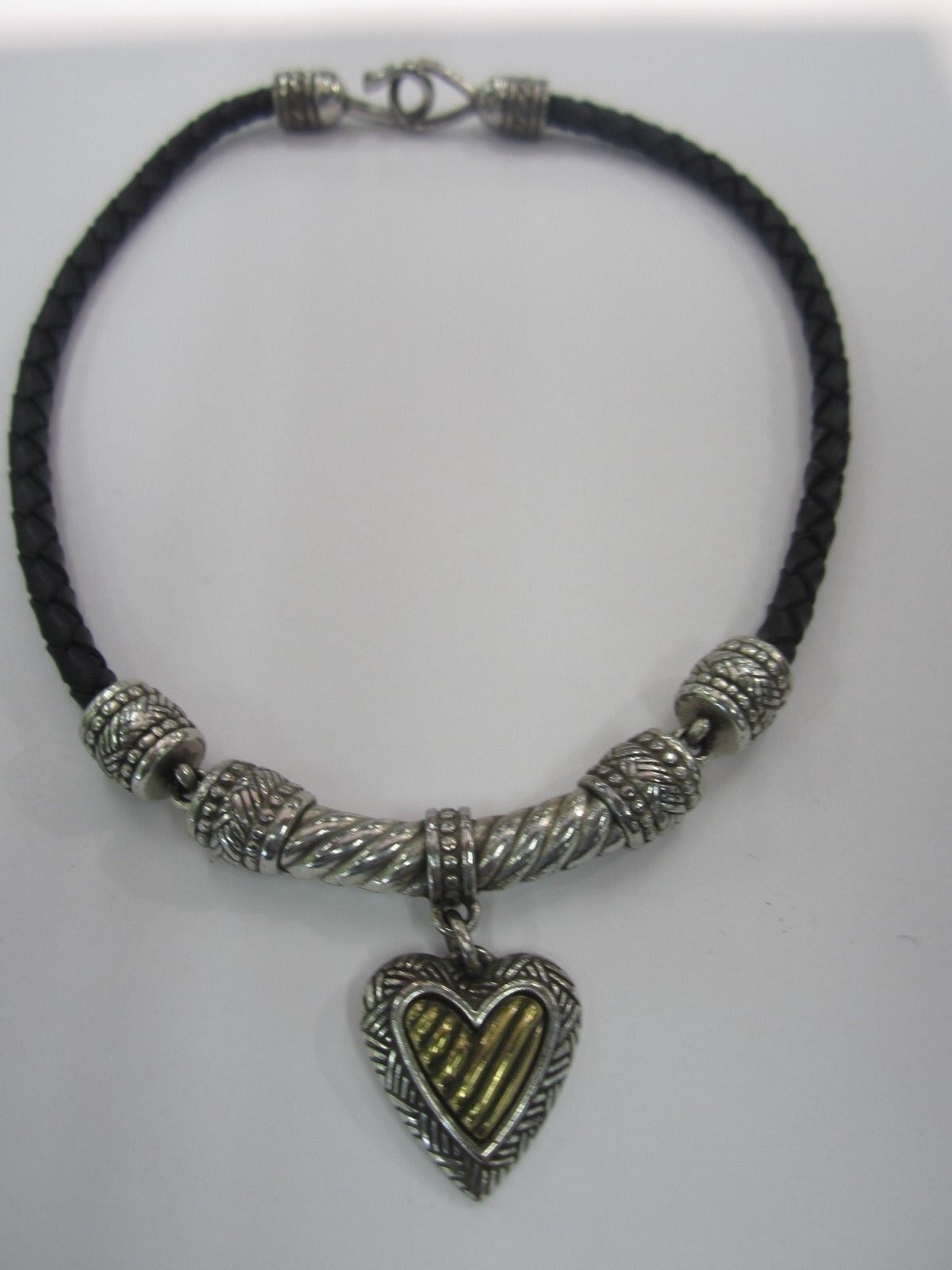 RETIRED Brighton Black Braided Leather Cord Heart Pendant Statement Necklace