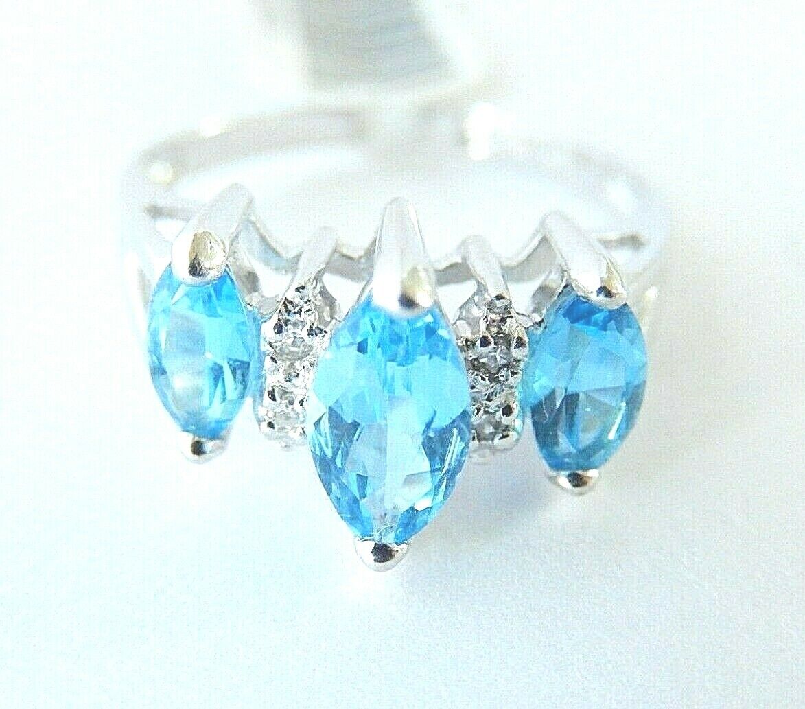 14K WHITE GOLD MARQUISE CUT BLUE TOPAZ AND DIAMONDS 1CT RING SIZE 7