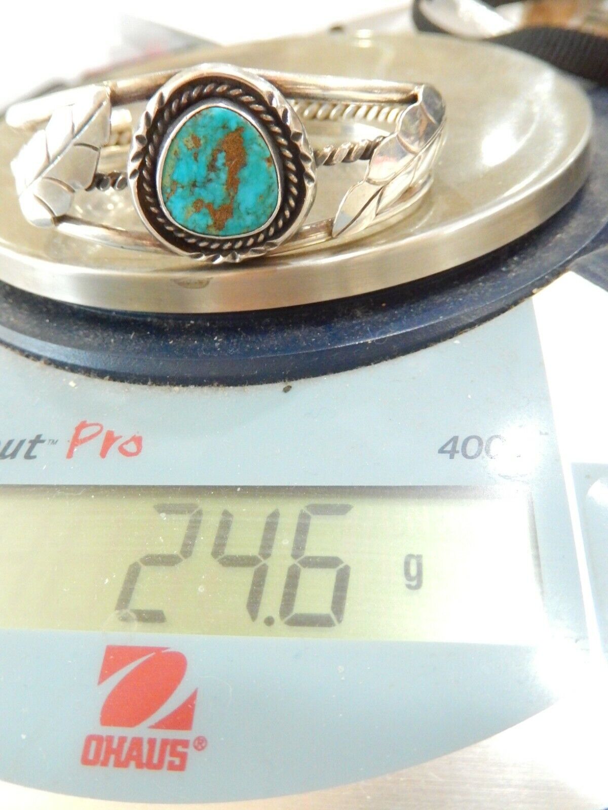 *VINTAGE* Native American 925 Sterling Silver Turquoise Leaf Cuff Bracelet