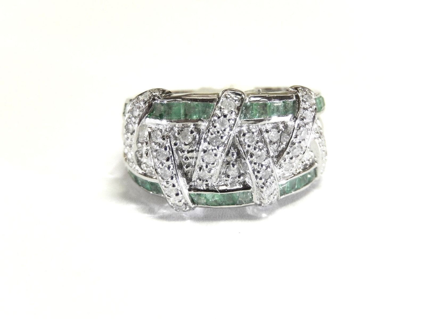 ELITE 14K WHITE GOLD GREEN EMERALD AND ROUND CUT DIAMONDS RING ART DECO SIZE 7