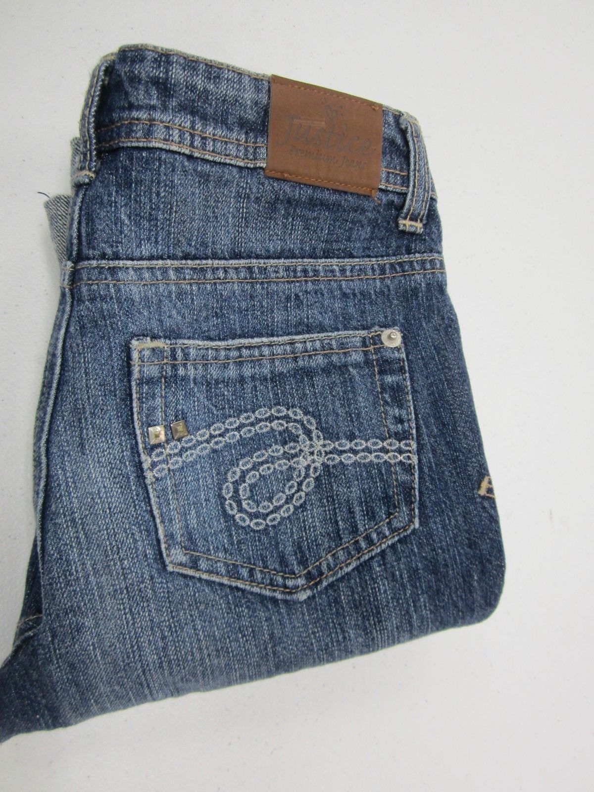 MINT Justice Girl's Blue Jeans Cuffed Leg Size 12S Simply Low Distressed Stud