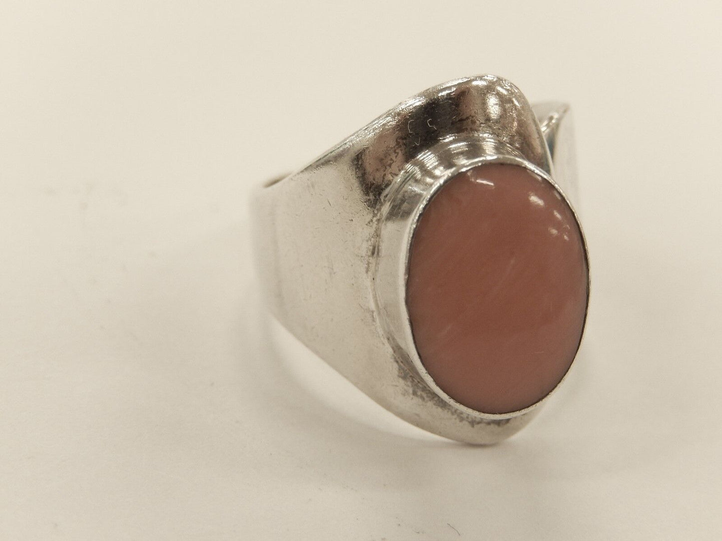 Vintage HTI Artist Sterling Silver Oval Ring wth Pink Gemstone Adjustable Size