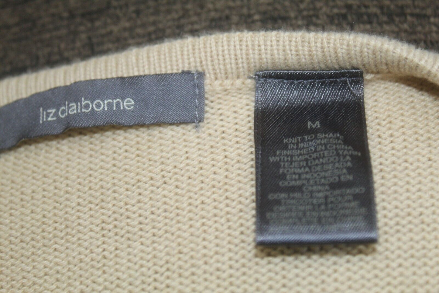 Liz Claiborne Beige Knit Cardigan Sweater Pearl & Crystal Embellished Sz Med