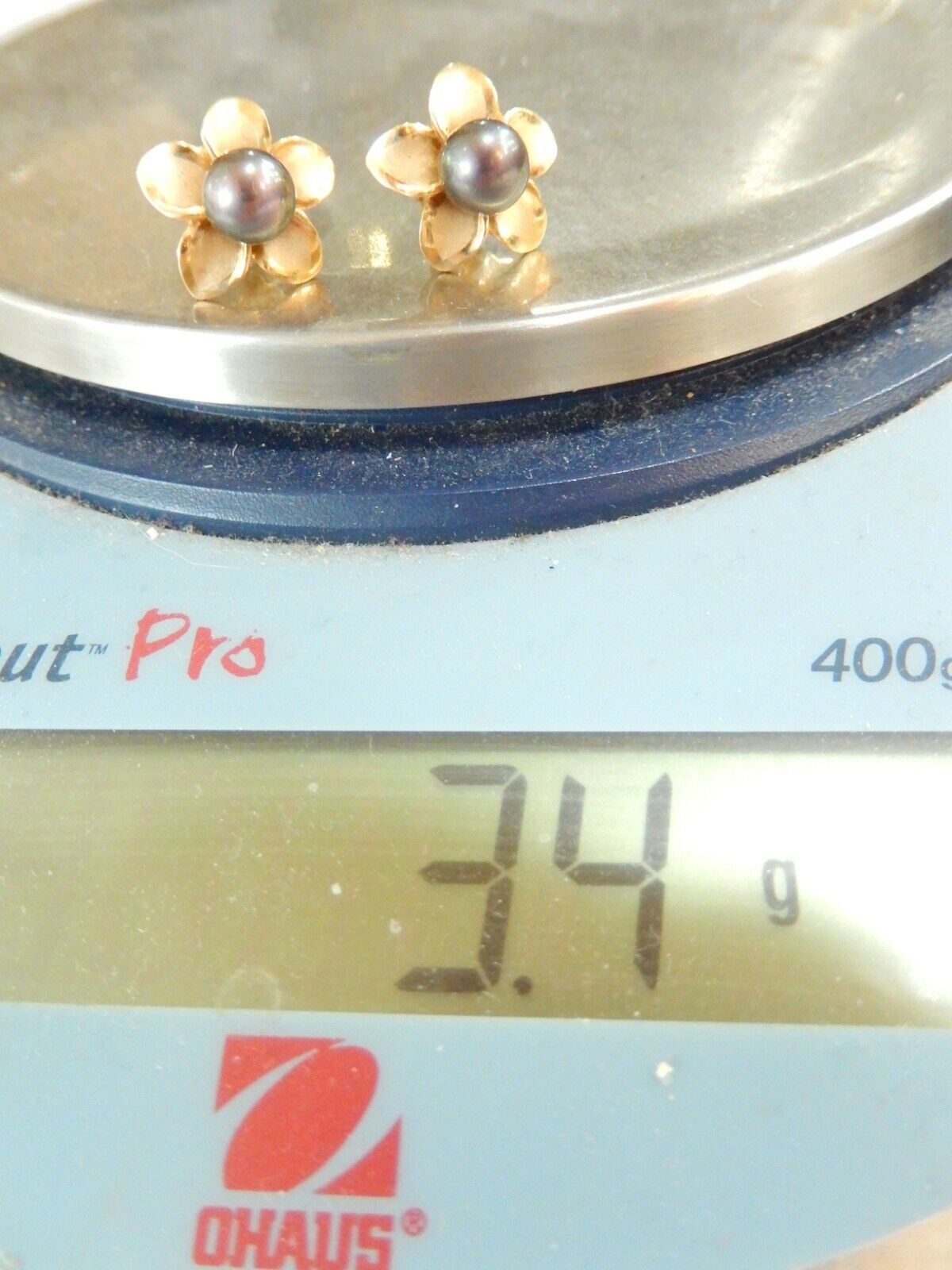 *VINTAGE* 14K Yellow Gold 7mm Tahitian Pearl Flower Stud Earrings