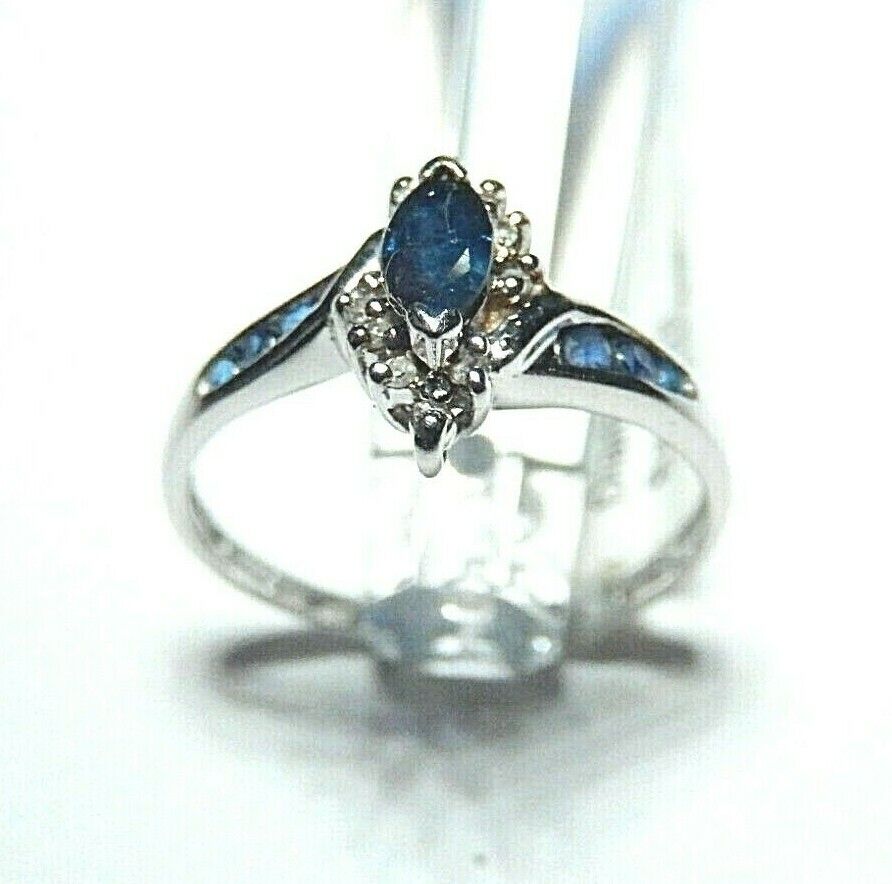 *NWT* 14k White Gold Blue Natural Sapphire & Halo Diamond Ring Size 7.5