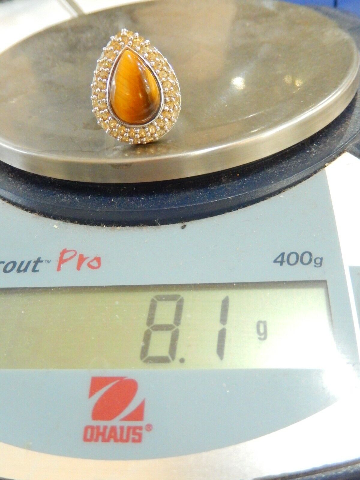 Tiger's Eye & Citrine Sterling Silver STATEMENT Gemstone Ring Size 6.5