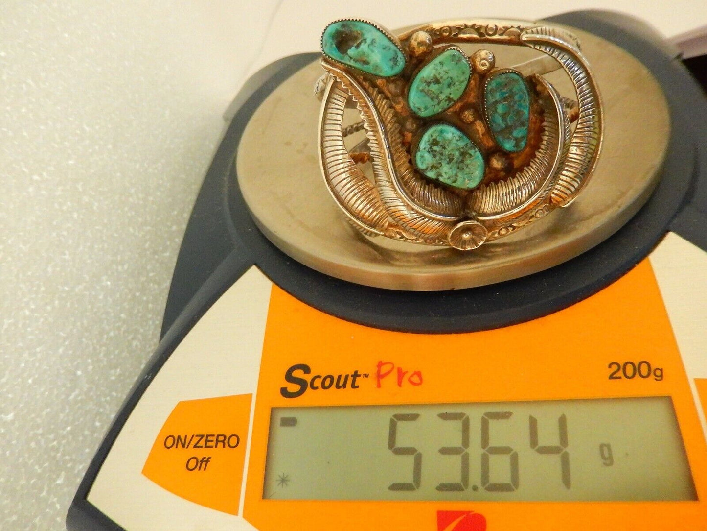Vintage Signed "EM" Wide Southwest Heavy Turquoise Sterling Silver Cuff Bangle