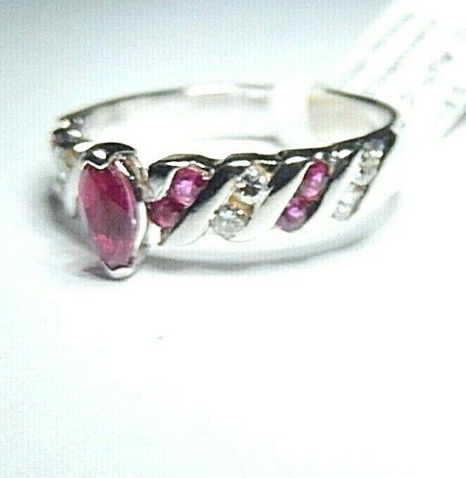 *NWT* 10K White Gold Marquise Red Ruby & Diamond Channel Set Ring Size 6.5