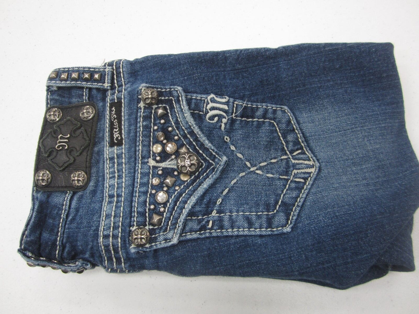 VERY NICE MISS ME Girls Button-Flap Capri Jeans Crop Studs/Crystals Sz 14 x 15"