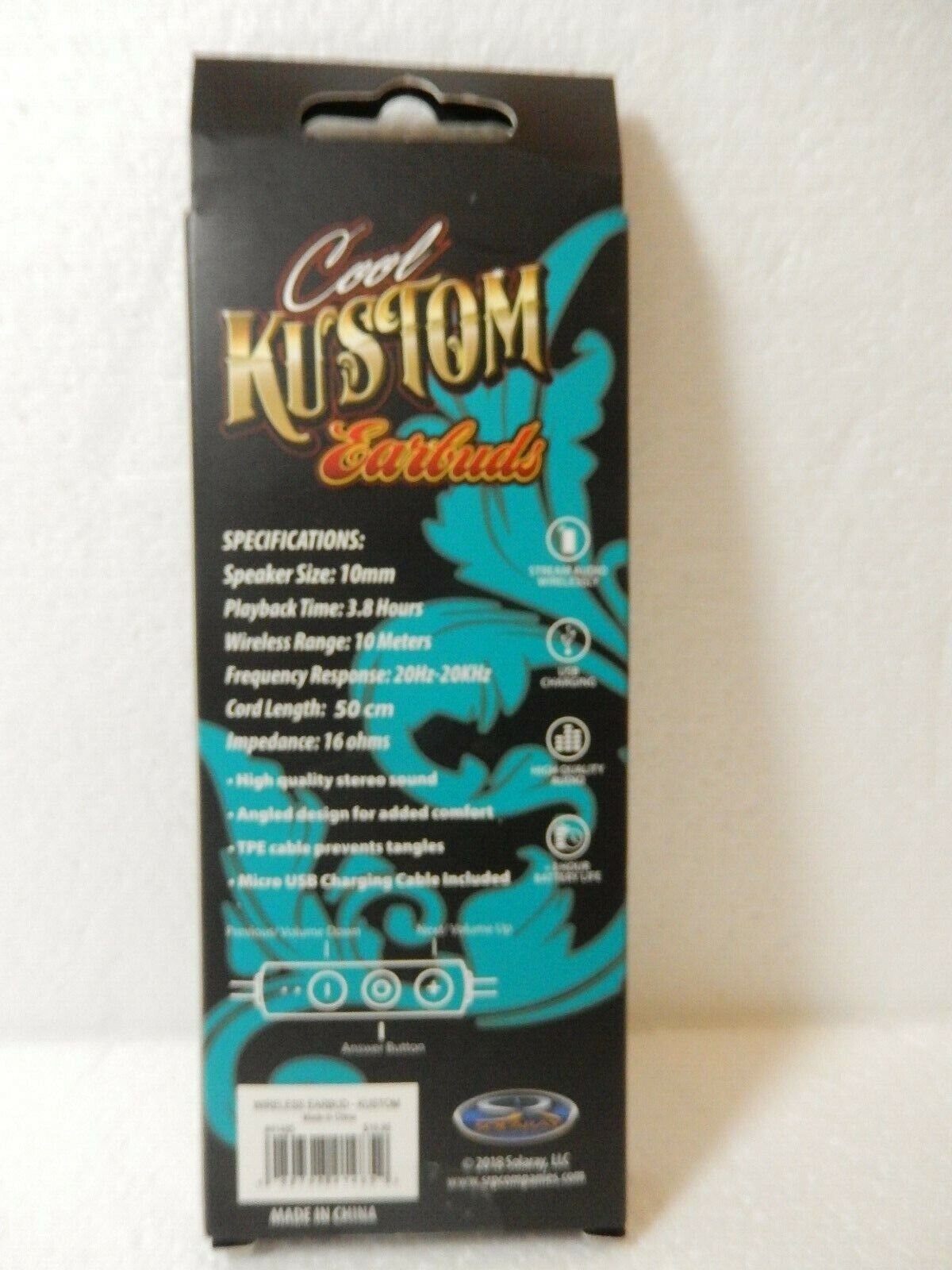Solaray Cool Kustom Bluetooth Stereo Earbuds w/ Microphone Volume Answer Buttons