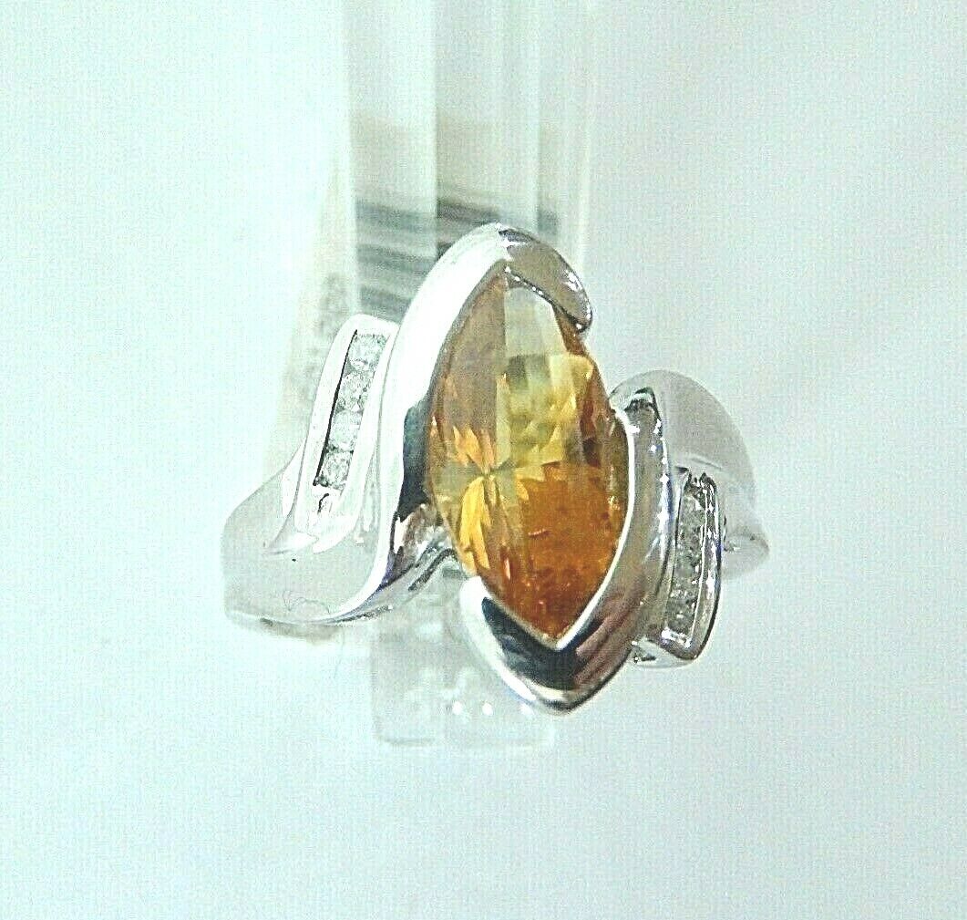 14K White Gold 1.75 CT Fancy Cut Citrine & Diamonds Ring Size 8.25