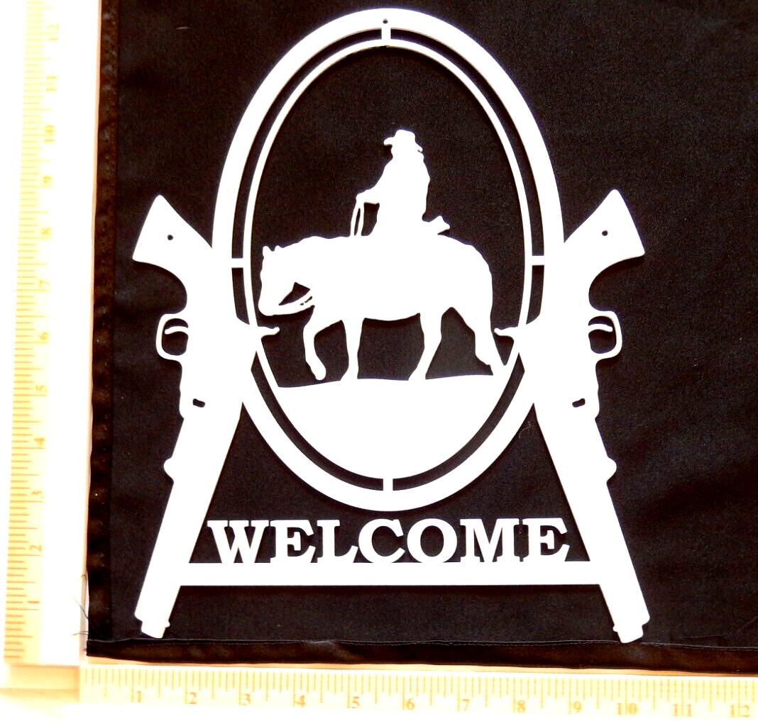 ~NEW~ 14ga. "WESTERN PISTOL GUNS & COWBOY" White Metal Wall Art - 12" x 9.5"