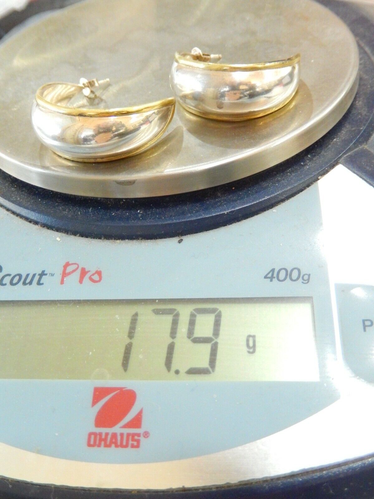 *VINTAGE* LARGE Sterling Silver Taxco Mexico Brass Accent J -Hoop Earrings