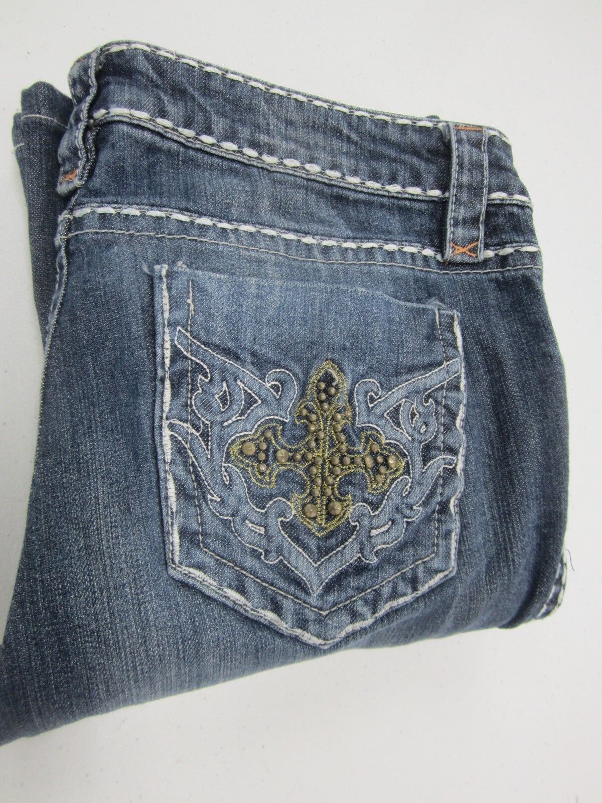 NICE CELLO Studed Cross Pocket Boot Cut Embellished Thick Stitch Jeans Sz 26x30