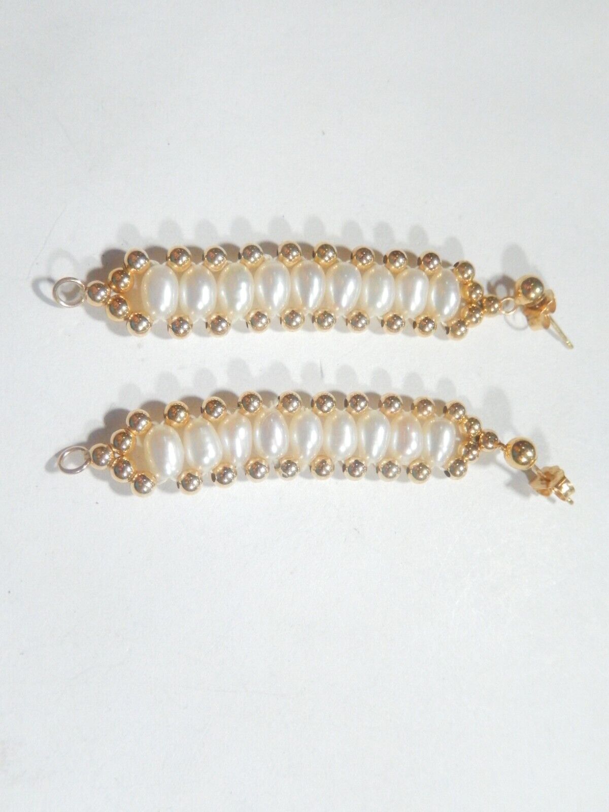 14K Yellow Gold Beaded and White Freshwater PEARLS Double Strand Dangle EARRINGS