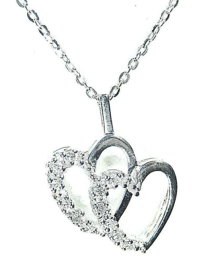 *NEW* 1/4 Ct Natural Diamond 14K White Gold Double Heart Pendant w/18" Chain