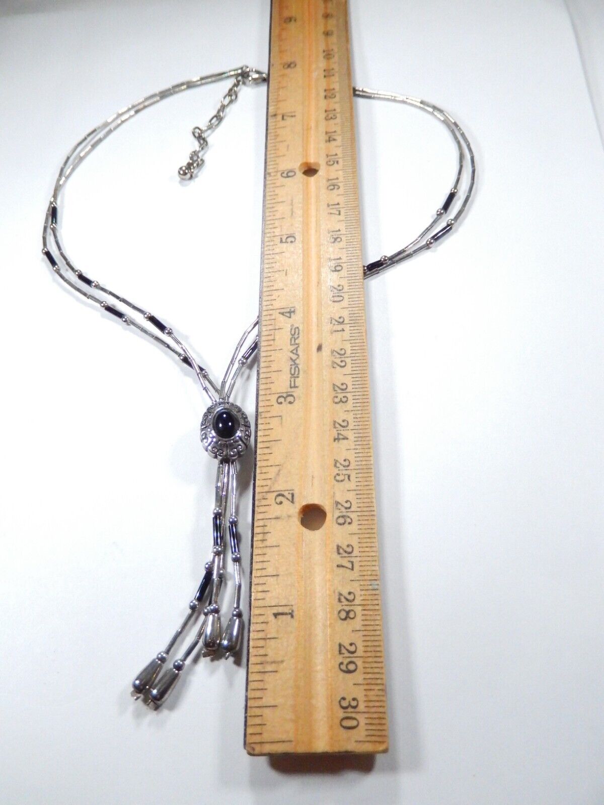 Vintage Liquid Silver Tone & Black Stone Multi Strand Southwest 18" Necklace