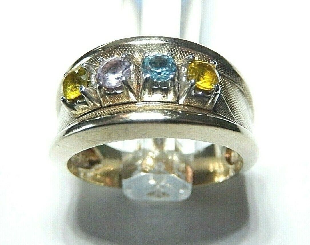 *VINTAGE* 10k Yellow Gold Four Gem Stone 10mm Wide Ring Band Size 6.75