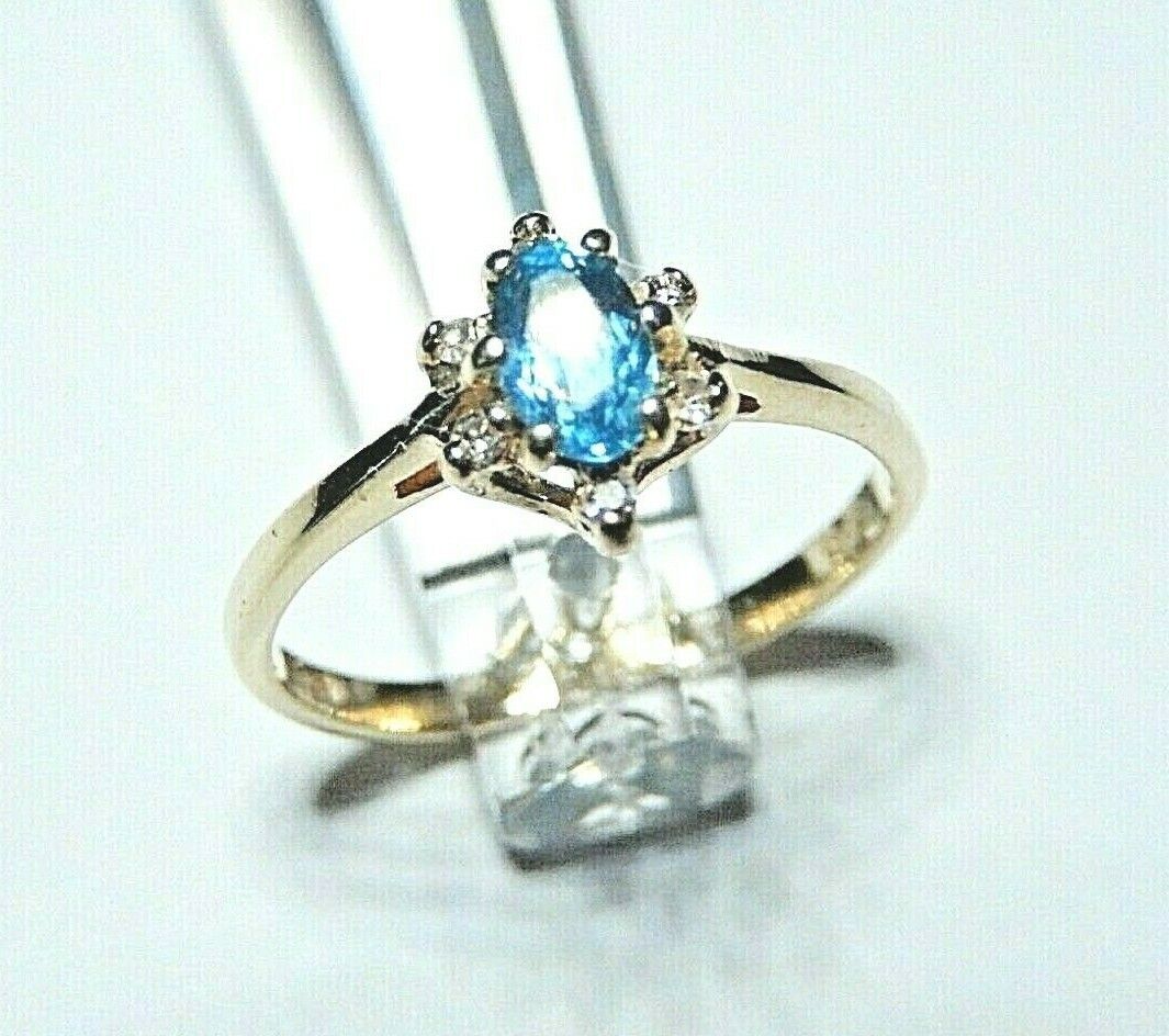 *NEW* 14K Yellow Gold Oval London Blue Topaz & Diamond Halo Ring Size 6.5